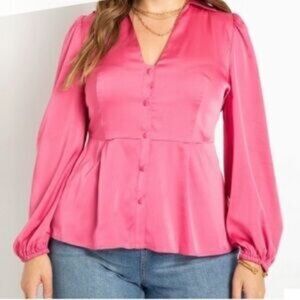NWOT Eloquii Pink Faux Satin Sleek Collared Peplum Blouse in Size 24
